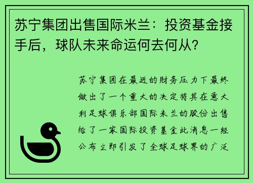 苏宁集团出售国际米兰：投资基金接手后，球队未来命运何去何从？